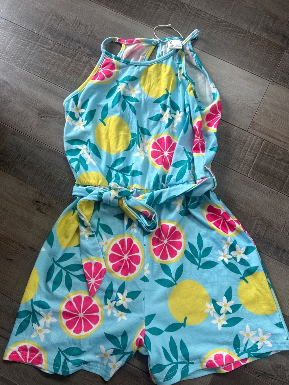 PatPat Turquoise Citrus Halter Romper with Pink & Yellow Fruit